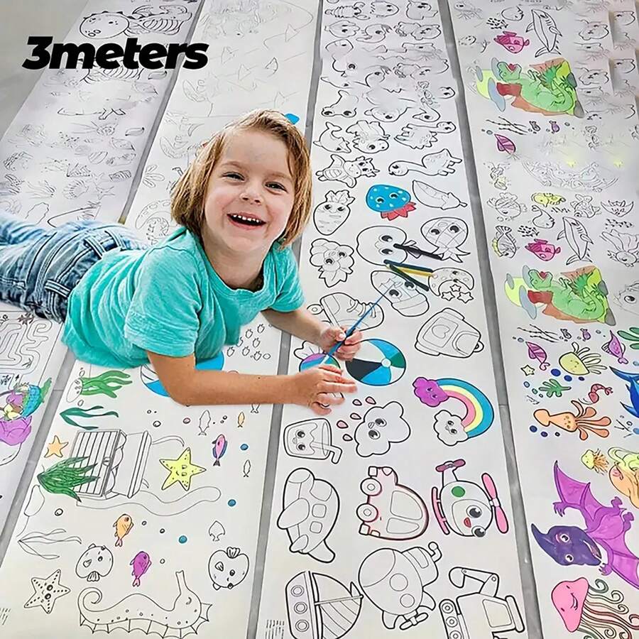 118吋/354吋/472吋塗鴉卷軸，DIY繪畫和著色，開發想像力藝術工具，適合聖誕節、感恩節、返校禮物（隨機樣式設計，不含顏色或筆）學校、學生、文具、學用品 - 彩色 - 查看 1