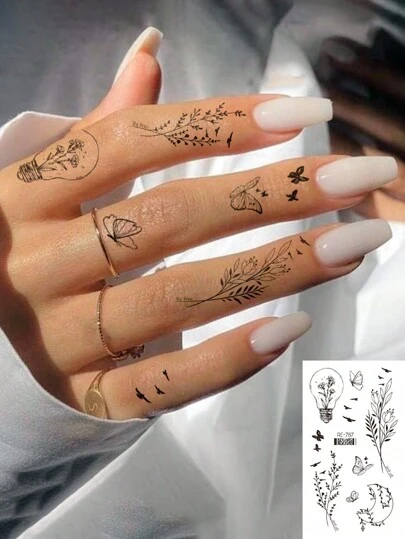 1張小尺寸男女身體藝術暫時性紋身貼紙，黑色極簡風格花卉、植物、蝴蝶、鳥類圖案，老派風格，防水假紋身，可持續2-5天，遮蓋傷疤，適用於手臂、手腕、肩膀、腿、腰、頸部、手、胸部、大腿、手指、腳踝等，適用於派對、禮物、度假、身體裝飾
