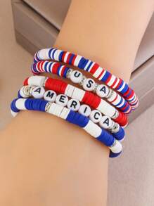 GuoShuang 7 pièces/set Bracelet élastique avec lettre de l'alphabet perlé thème Jour de l'Indépendance avec décoration d'étoile et de drapeau, style européen et américain