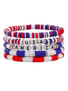 GuoShuang 7 pièces/set Bracelet élastique avec lettre de l'alphabet perlé thème Jour de l'Indépendance avec décoration d'étoile et de drapeau, style européen et américain