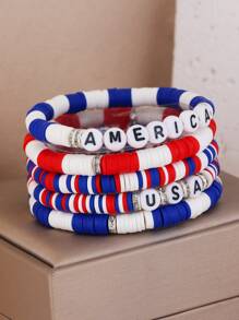 GuoShuang 7 pièces/set Bracelet élastique avec lettre de l'alphabet perlé thème Jour de l'Indépendance avec décoration d'étoile et de drapeau, style européen et américain