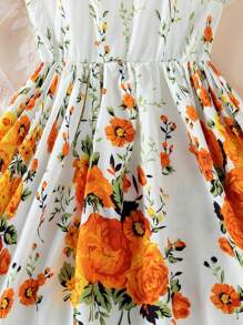 Young Girl Ditsy Floral Cap Sleeve Dress, Fashionable Princess Dress - Yellow - View 5