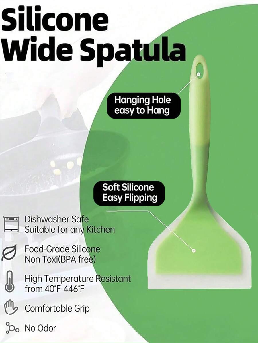 Silicone Pancake Spatula, Wide Pancake Turner Suitable For Eggs, Fish, Pizza & Steak, Heat-Resistant Kitchen Flipper For Nonstick Cookware - Green - View 1