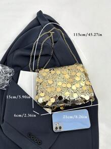 Fashion Glitter Sequin Rectangle Women's Bag, New Versatile Zipper Crossbody Bag, Unique Design Chain Strap Party Clutch - Gold - View 8