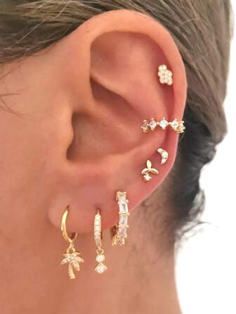 7 件豪华 24K 镀金方晶锆石女式环形耳环 锆石小耳环套装 时尚珠宝