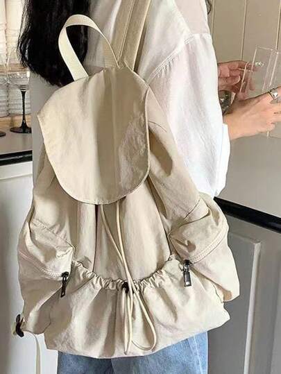 2025新款抽绳褶皱休闲背包，实用大容量学生书包，男女通用，返校，防水尼龙，多种颜色可选