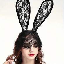 1 入綁帶式性感蕾絲兔耳頭飾，適用於貓女孩，各式派對完美必備 - 黑色 - 查看 8