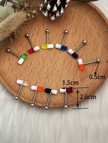 10入組膠囊形狀壓克力不銹鋼舌環，具有雙色效果，低敏，適合女孩日常活動及節日佩戴 - 彩色 - 查看 3