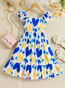 Tween Girl Summer Fashionable Simple Heart-Shaped Digital Print Ruffle Sleeve Dress