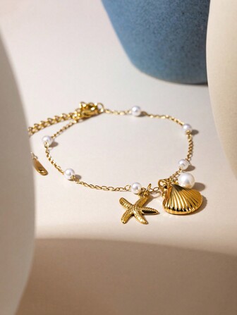 1pc INS Style Stainless Steel Pearl Chain Seashell Starfish Pendant Bracelet For Summer Beach