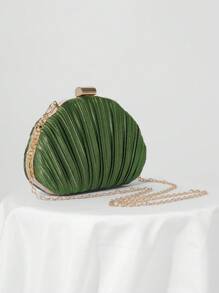 Pleated Satin Box Clutch For Evening Party, Prom, Formal Occasions With Chain Strap, Wedding Bag - Green - View 5