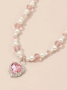 1st kinderketting met strass-hart en roze kristal-imitatieparel kralen