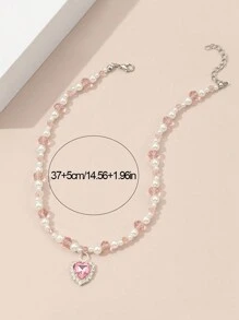 1st kinderketting met strass-hart en roze kristal-imitatieparel kralen