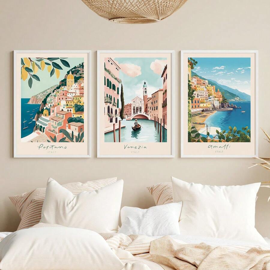 Italy Blue Coast Travel Scenic Canvas Wall Art Print Set Of Three ...