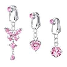 2-3pcs Pink Fake Belly Ring Clip On Belly Button Rings Stainless Steel Fake Earrings Diamond Dangle Non Piercing Belly Piercing Jewelry With Pain Relieving Silicone Pads