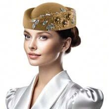 Vintage Knitted Felt Pillbox Rhinestone Hat Women's  Derby Veil Flower Fedora