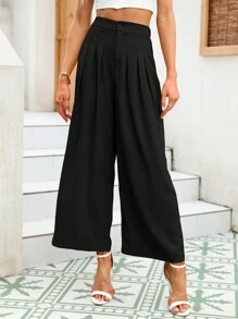 Women High Waisted Wide Leg Palazzo Pants, Flowy Pants For Women Loose Fit Elastic Waist Pleated Trousers Comfy Elegant Business Casual Straight Leg Dress Pants - Black - View 1