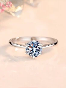 1枚1克拉立方氧化鋯實驗室製造的鑽石 & 925純銀圓形婚禮訂婚戒指,女性新娘珠寶禮物 - 白色 - 查看 11