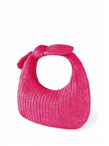蝴蝶結女士度假草編托特包，新月形手提包 - 玫紅色 - 查看 2