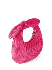 蝴蝶結女士度假草編托特包，新月形手提包 - 玫紅色 - 查看 3
