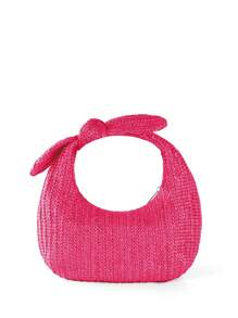 蝴蝶結女士度假草編托特包，新月形手提包 - 玫紅色 - 查看 1