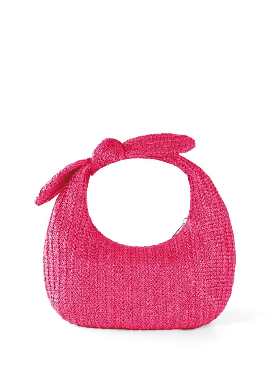 蝴蝶結女士度假草編托特包，新月形手提包 - 玫紅色 - 查看 1