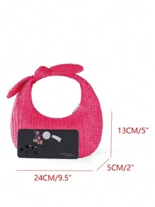 蝴蝶結女士度假草編托特包，新月形手提包 - 玫紅色 - 查看 6