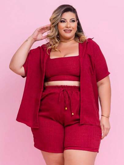 Conjunto Shorts Cropped e Casaco Plus Size Elegante Com Cordão de sino Drapa Plus