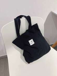 Túi Tote Vải Nhung Phong Cách Retro Túi Đeo Vai Đơn Giản Cho Nữ Túi Xách Trang Trí Chữ Patch - màu đen - Xem 4