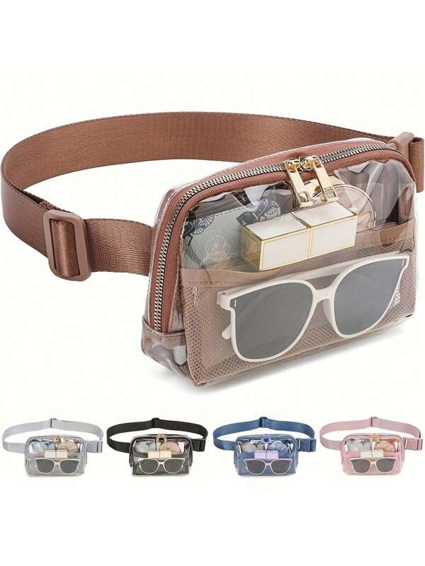 透明腰包 - 大容量透明腰包，配有可调节肩带，适合运动赛事、音乐会、度假、户外活动、上学等场合，防水夏季包，可作为男友礼物、手提包、皮包、返校用品、春季学习用品、春假必备、春季旅行必备、钱包、单肩包、腰带、学生新生活用品、男士必备钱包、时尚男士包、防水毕业透明包
