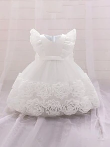 Váy hoa bé gái bằng vải satin lưới họa tiết hoa trơn màu thanh lịch không tay cho tiệc cưới, không bao gồm băng đô - trắng - Xem 5