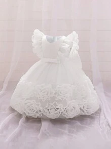 Váy hoa bé gái bằng vải satin lưới họa tiết hoa trơn màu thanh lịch không tay cho tiệc cưới, không bao gồm băng đô - trắng - Xem 3