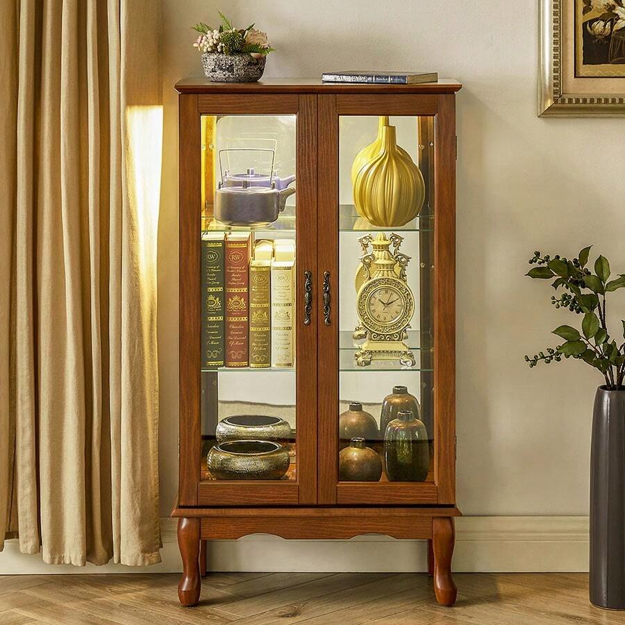 Display Cabinet, With Adjustable Shelves, Mirrored Back Panel, Tempered Glass Doors, Curio Cabinet, Glass Display Cabinet For Living Room, Bathroom, Laundry Room, Studio - 棕色 - 查看 1