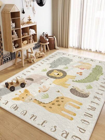 1件米色地毯，可爱卡通动物印花仿羊毛长方形柔软绒毛密织防滑可水洗地毯，适用于门厅、卧室、客厅、浴室、厨房、餐厅、办公室、房间装饰和门垫，节日庆典。