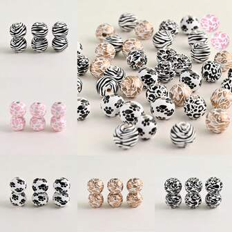 10pcs 16mm Animal Pattern Printed Wooden Beads, Leopard & Zebra Striped Round DIY Bead Charms