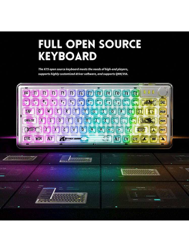 ATTACK SHARK K75 Mechanical Keyboard, Transparent PC Keycaps