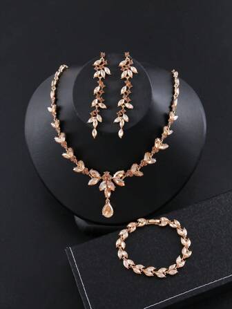 4pcs/Set Luxury Ladies Jewelry Set, Necklace, Earrings, Bracelet, 3-Piece Bridal Wedding Party Accessories