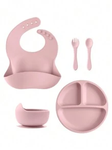 PopLittleOne 5PCS Baby Silicone Tableware Sets Adjustable Bib Suction Plate Bowl Soft Spoon Fork Non-Slip Food Storage Feeding Training Dinner Set - Pink - View 3