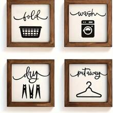 4入組，鄉村農舍洗衣房裝飾-掛牆用帆布標誌-鄉村農舍洗衣房牆壁裝飾-鄉村農舍洗衣房標誌-鄉村農舍洗衣房裝飾-鄉村農舍裝飾性的鄉村洗衣房牆身裝飾-不含相框 - 彩色 - 查看 1