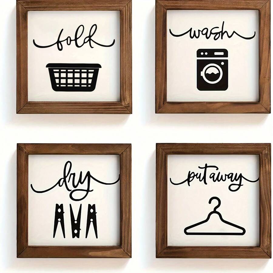 4入組，鄉村農舍洗衣房裝飾-掛牆用帆布標誌-鄉村農舍洗衣房牆壁裝飾-鄉村農舍洗衣房標誌-鄉村農舍洗衣房裝飾-鄉村農舍裝飾性的鄉村洗衣房牆身裝飾-不含相框 - 彩色 - 查看 1