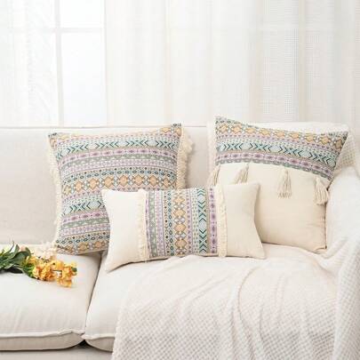1 件波西米亚流苏枕套，8 色提花编织设计，季节性装饰沙发垫套，无枕芯
