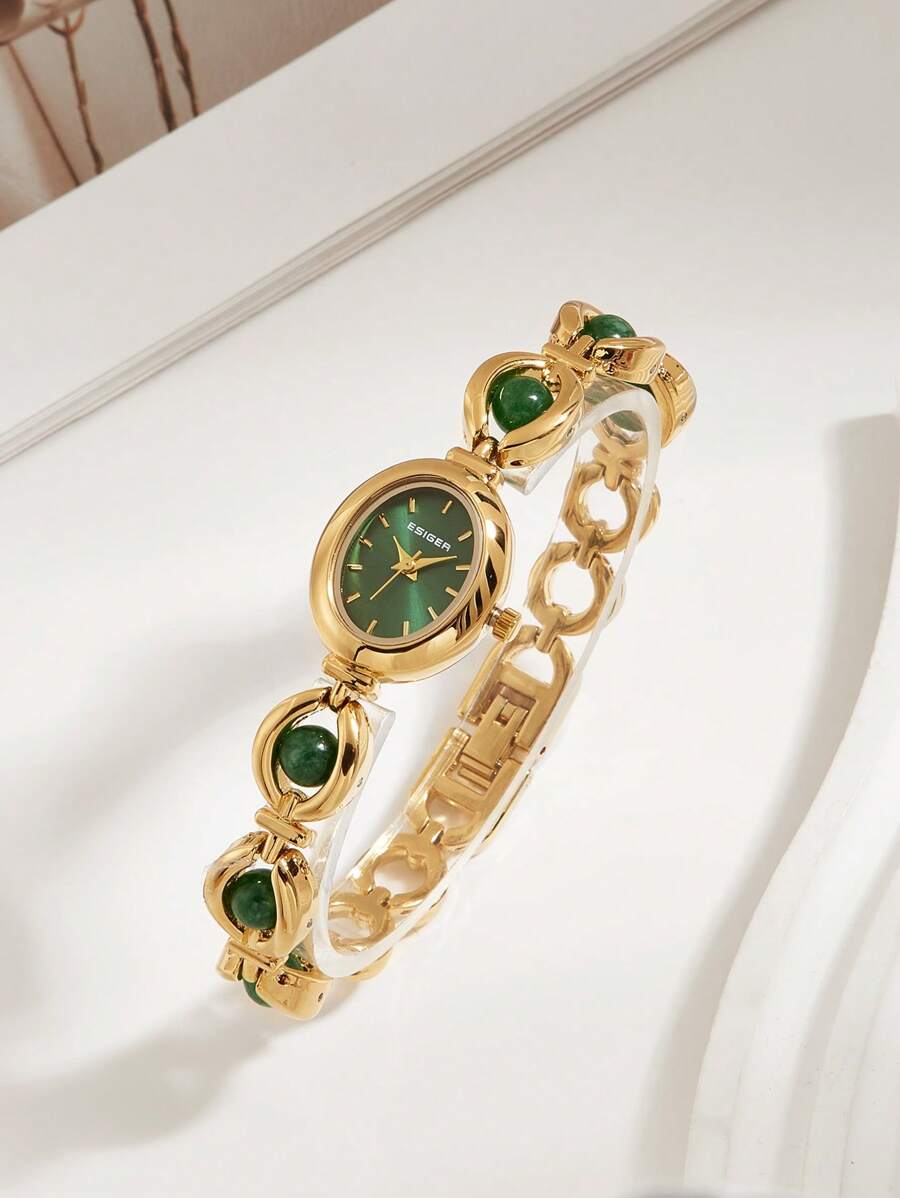 1 pieza Reloj de pulsera de lujo para damas de color verde pavo real vintage, adecuado para regalos de vacaciones y uso en fiestas - Dorado - Ver 1