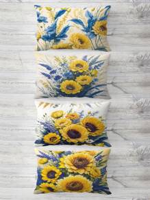 4 Stücke/Set gelbe Blumen blaue Blattmuster Multi-Größen Kissenbezüge, waschbar für Innen- und Außendekoration, Schlafzimmer, Sofa- und Sesselbezüge, Frühlings- und Sommermuttertags-Hochzeits-Geburtstagsfeier-Zubehör, Festival-Digital Muster-mode-einfache Bürodekoration kissenbezug, Textil dekorative auto geschenke bedruckte dekorative kissen werfen, bettkopfkissen, sofa kissenbezug für zuhause & büro, auto kopfstütze kissenbezug