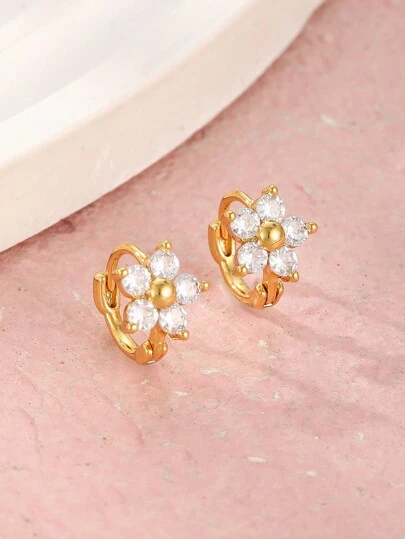 1pair Delicate Fashionable Rhinestone Decor Five-Leaf Flower Hoop Earrings For Girls For Party Banquet Dates Beach Vacation Occasion For Kids Birthday Gift