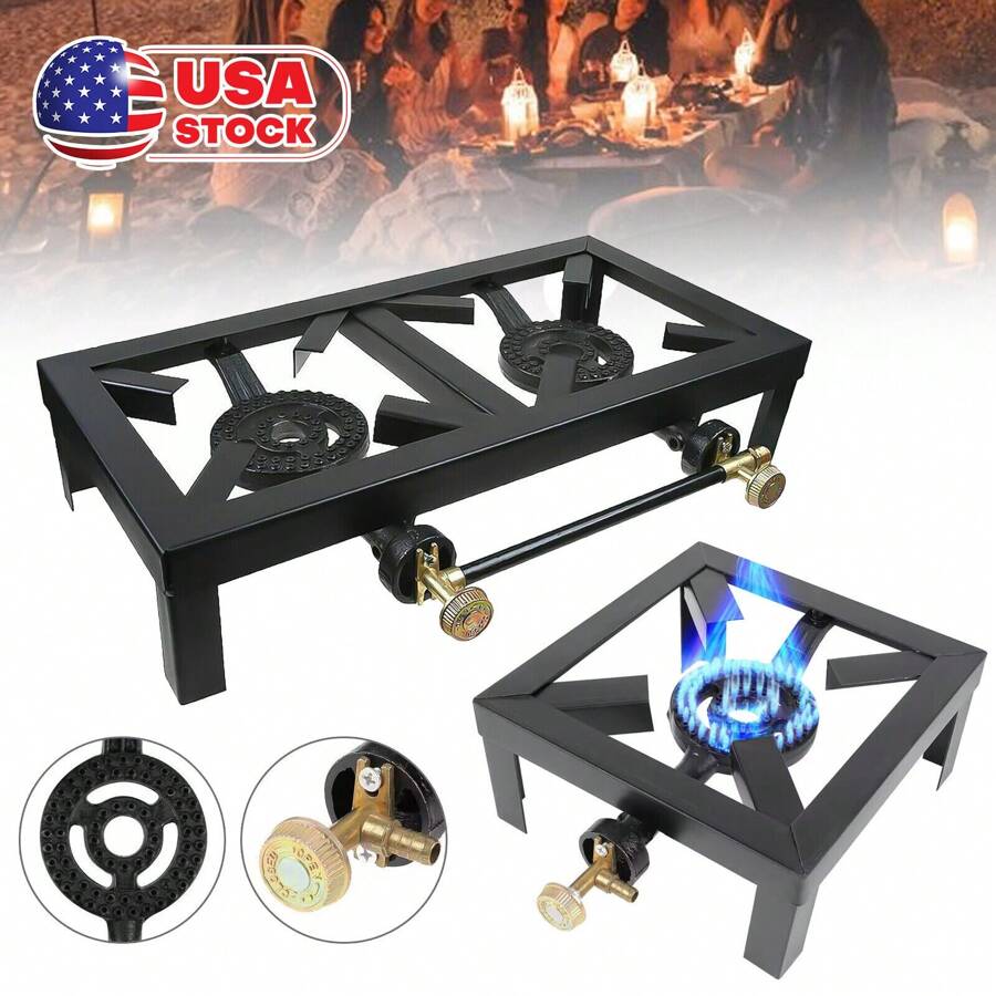 Heavy Duty Camping Stove Single/Double Burner Cast Iron Propane Gas LPG Outdoor BBQ Cooker - 黑色 - 查看 1