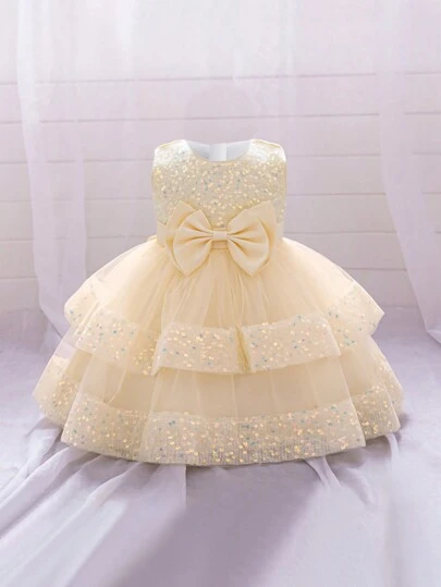 女婴纯色亮片网纱蝴蝶结薄纱蛋糕裙无袖可爱花童派对礼服，不含头饰