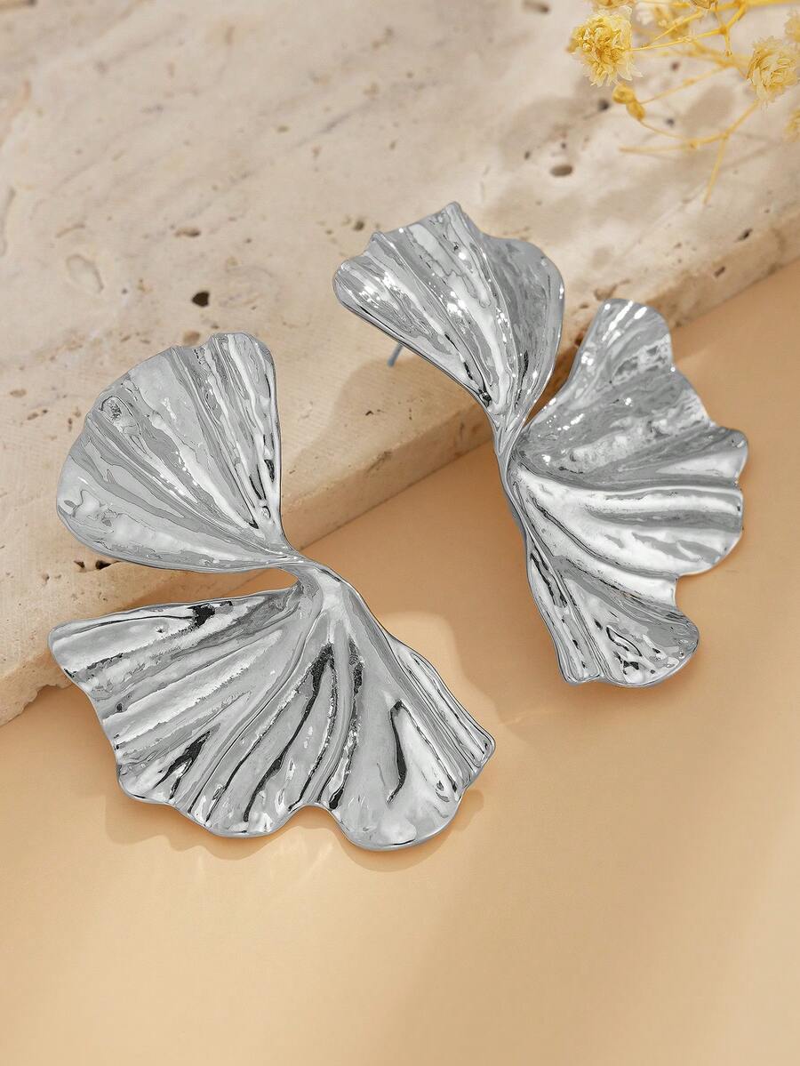1pair Retro Fashion Geometric Metal Leaf Earrings For Women, Elegant