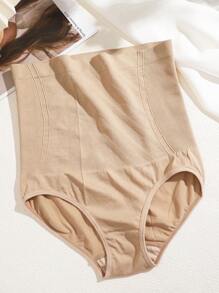 FINETOO 1pc Women's High-Waist Triangle Panties With Solid Color And Striped Print - Apricot - View 6