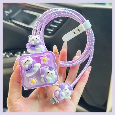 5-In-1 Cute 3D Cartoon Protective Case Set Compatible With Apple IPad 20W Charger, Phone Data Cable, Soft Shell Cable Protector, Charger Protector