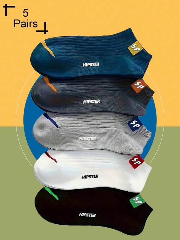 5 Pairs Men's Breathable Lightweight Casual Socks With Multiple Colors, Solid Color And Letter Printing, Spring And Autumn, For Gym